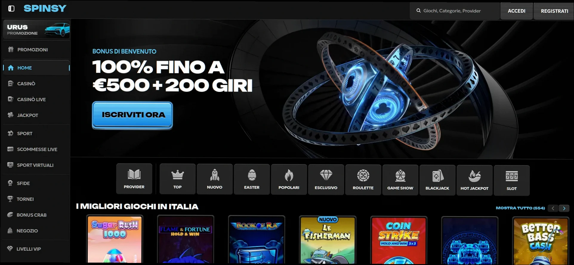 Spinsy Casino Italia - 120% fino a €500 + 200 Giri Gratuiti
